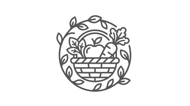 Line art fruit and vegetable basket icon in wreath.