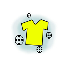 Una franelas de color amarillo rodeada de pelotas de fútbol en un fondo transparente © Elika R