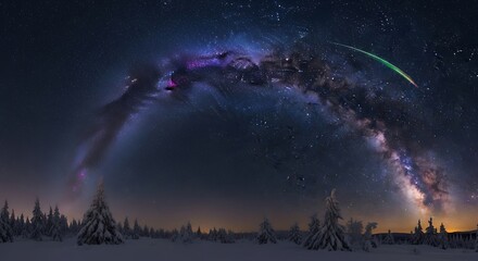 Obraz premium Majestic milky way galaxy arch over a snowy winter forest at night