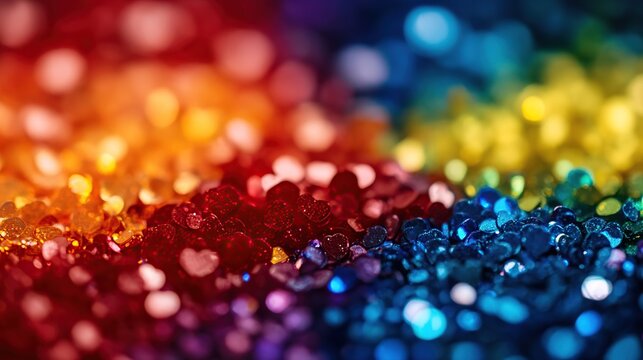 Rainbow color glitter hearts texture close up. Festive abstract background with red, orange, blue and yellow sparkling sequins.