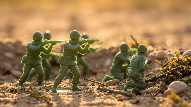 toy army men. Cinematic Macro Photo of Green Toy Army Men on Miniature Battlefield
