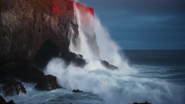 Stormy ocean waves crashing against cliff.