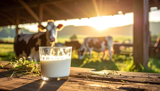 Fresh milk on rustic wooden table.