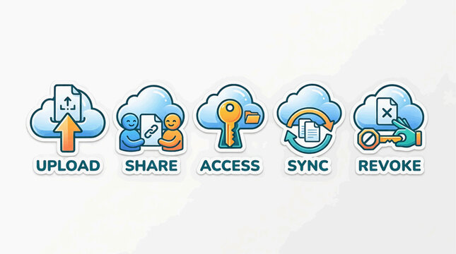 Cloud icons illustrate upload, share, access, sync, and revoke actions with people