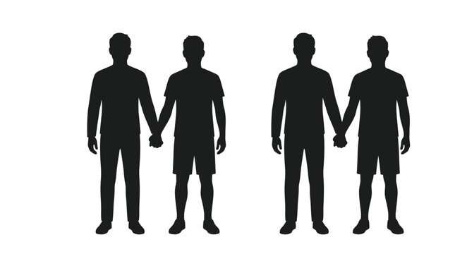 Minimalist black vector illustration showing two pairs of standing men holding hands in unity together