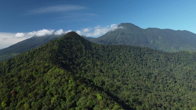 Cinematic drone footage capturing a panoramic view of Mount Gede and Mount Pangrango. The camera moves in a smooth forward and sideway tracking shot over the lush green rainforest canopy. Clean enviro