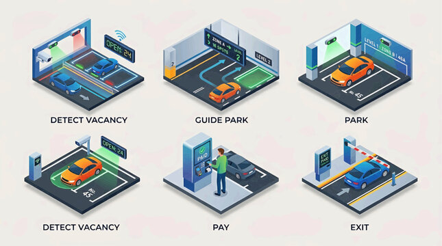 A graphic illustration depicts various parking scenes with people and cars in different isometric views.