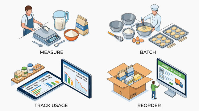 Workers measure and track usage of ingredients for food batch processing and reorder supplies