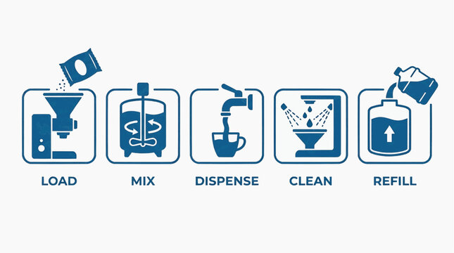 Coffee machine process steps shown with icons and labels in sequence
