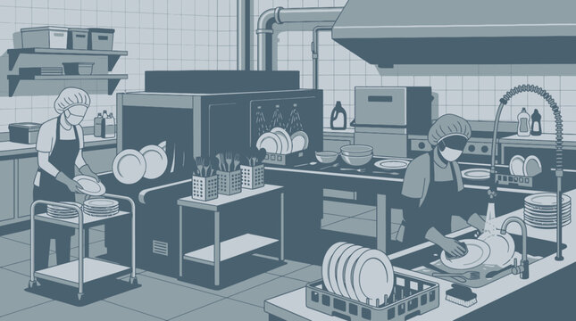 Corporate Cafeteria Dishwashing Station Cleaning Bamboo Cutlery for Reusable Dining Concept Illustration