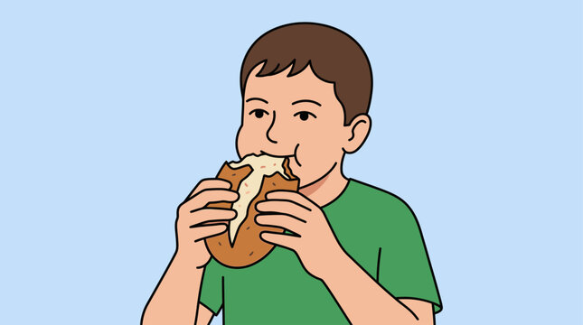 Boy Eating Bread Cartoon Food Sketch Vector Illustration