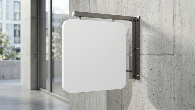 Modern square hanging wall sign on a concrete building exterior for commercial use