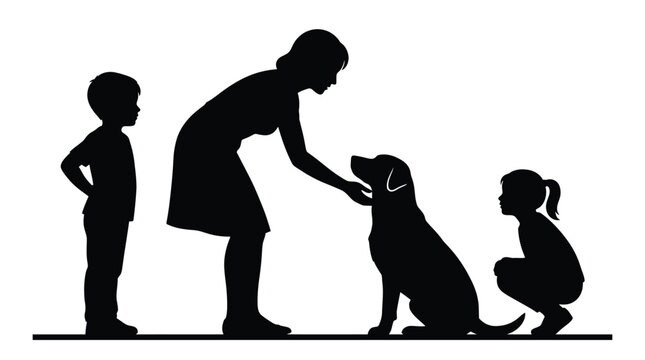 Minimalist black vector illustration showing a mother and two young children interacting with a dog