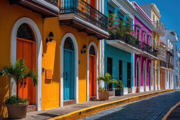 Fototapeta premium Vivid row of colorful houses with doors along a cobblestone street