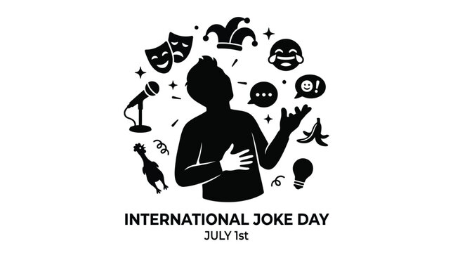 A comedian performs standup comedy routines surrounded by iconic humor symbols to celebrate the annual International Joke Day.