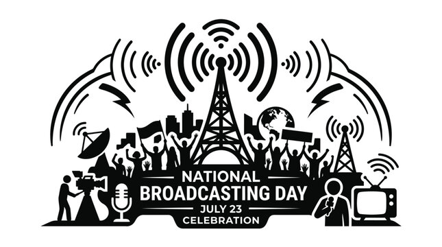 Broadcasting symbols featuring a transmission tower and city silhouette celebrate progress on National Broadcasting Day.