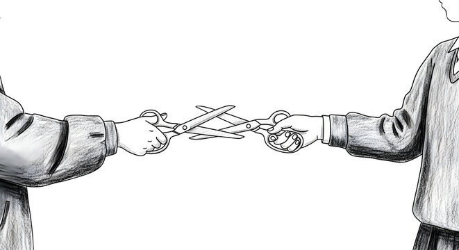 Two Hands Shaking With Scissors Cutting String Connection.