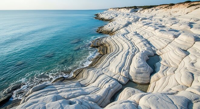 White marble cliffs meet the ocean waves in a serene landscape