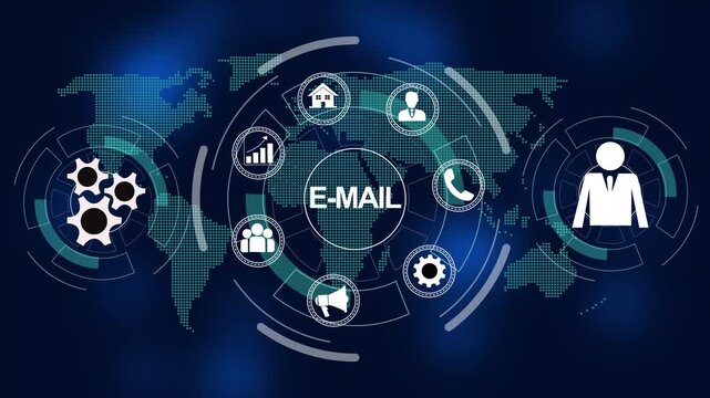 Dynamic digital e-mail communication interface featuring global connectivity network business management symbols, and futuristic hud technology for corporate digital marketing presentations