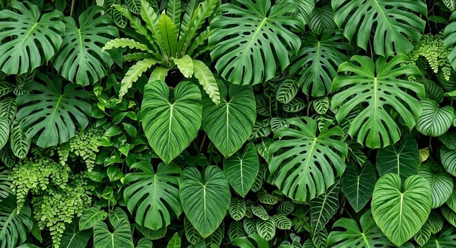 Close up group of background tropical green leaves texture and abstract background. Tropical leaf nature concept.