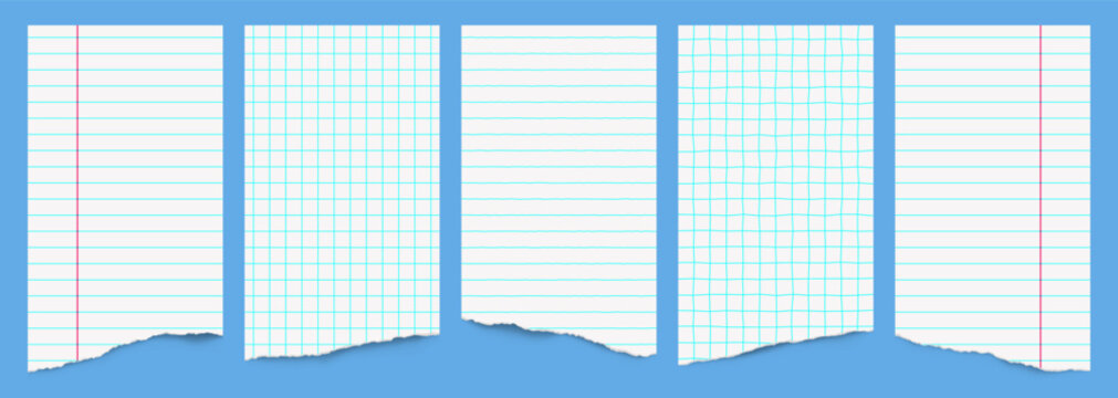 Set of torn notebook pages with lined, grid and blank paper layouts, margins, portrait templates and planner sheets for school, journaling, collage and stationery design.