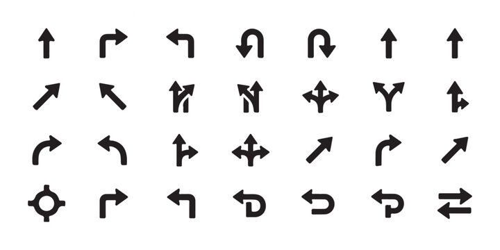 Minimalist road traffic direction arrow icons set