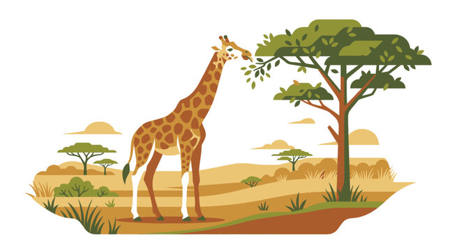 Giraffe eating leaves in African savanna vector illustration