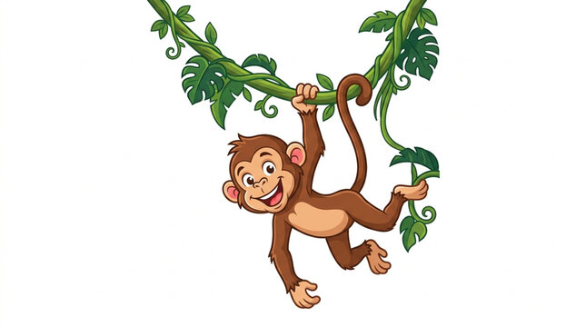 Cute cartoon monkey swinging on a vine in a jungle setting, perfect for children's content and nature-themed designs
