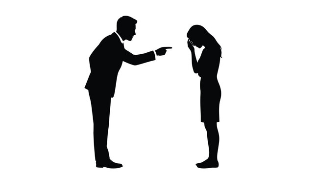 Black vector illustration showing an aggressive man pointing his finger at a sad crying woman