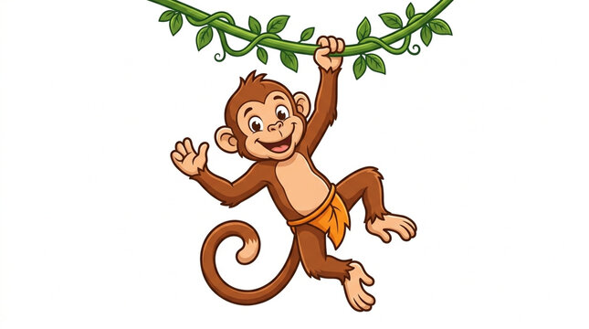 A charming cartoon monkey with a playful expression, hanging from a vine and waving, perfect for children's content and jungle themes