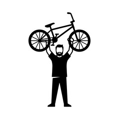 Naklejka premium A minimalist black and white silhouette of a bearded man triumphantly holding a bike over his head, representing cycling passion and success.