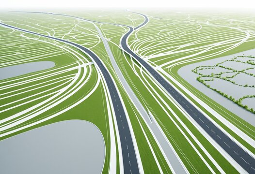 Aerial view of sustainable smart city infrastructure with green roads, eco friendly mobility network, and futuristic urban transportation concept