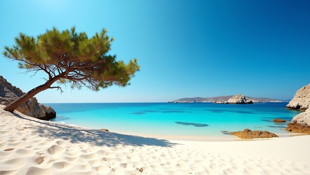 A pristine beach scene with soft white sand, a leaning pine tree, and turquoise waters meeting a clear blue sky, framed by rocky shores and distant islands.