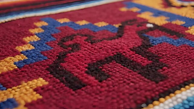 Closeup of a vibrant intricately woven textile with geometric patterns and a central animal motif.