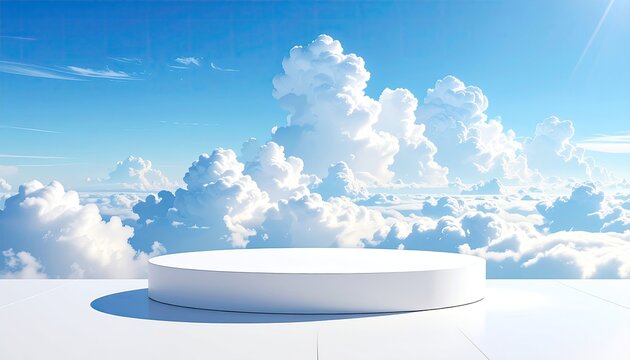 A Serene White Pedestal Rests Amidst a Sea of Fluffy White Clouds Under a Bright Blue Sky.