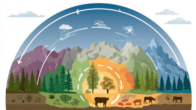 Diagram shows the nitrogen cycle with colored zones for atmosphere, soil, plants, animals, and bacteria connected by arrows showing nitrogen flow.
