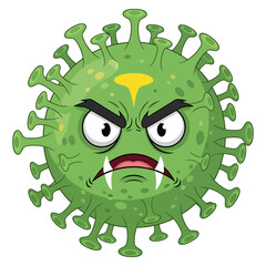 Fototapeta premium Angry green cartoon virus character with sharp teeth and yellow forehead marking