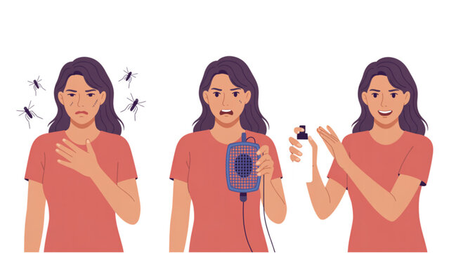 Flat vector illustration of woman avoiding mosquito bites for dengue malaria and Zika virus prevention healthcare awareness concept design