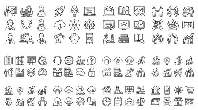 Various business and technology icons.