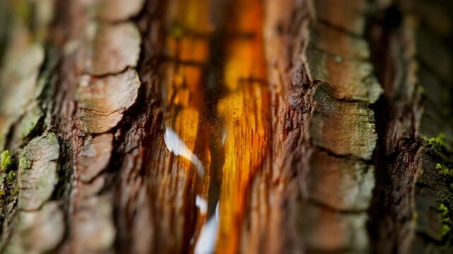 Tree bark with sap flowing out.