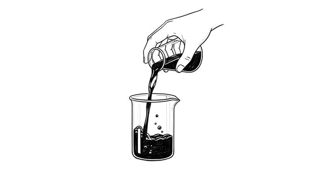 Pouring dark liquid into glass beaker carefully in laboratory.