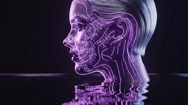 Human face silhouette emerges from dark water with glowing purple digital circuit patterns mapped across the skin.