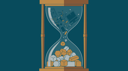 Fototapeta premium Hourglass Turning Broken Electronics into Gold and Silver Blocks for E-Waste Recycling Illustration