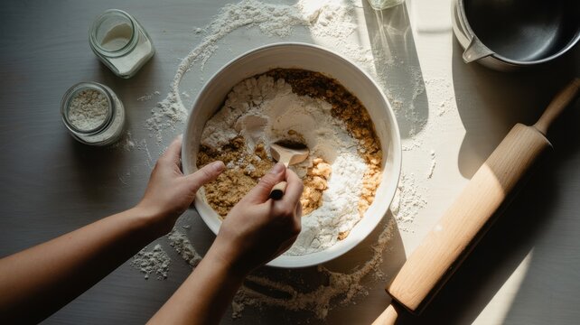 Person preparing homemade bread dough in a bowl with rolling pin and flour jars on a table