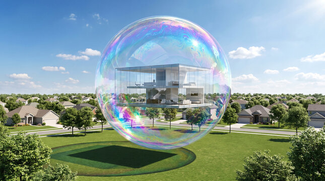 Modern house encased in a transparent bubble floating over a suburban landscape, symbolizing the real estate bubble concept under a clear blue sky