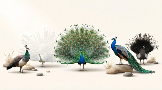Diverse Peacocks Display Their Beauty and Feathers