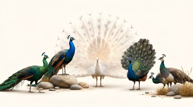 Diverse Peacocks Display Vibrant Plumage in Naturalistic Setting
