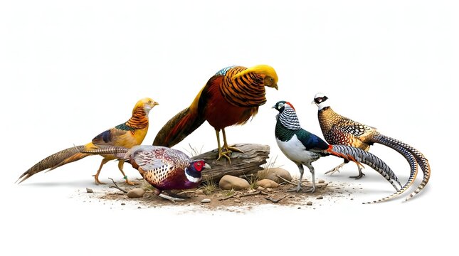 Diverse Pheasant Species Group Displayed on Rocky Ground