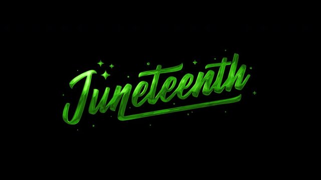 Green neon juneteenth text animation on transparent background suitable for juneteenth event promotions, festive graphics, social media posts. Sparkling design.