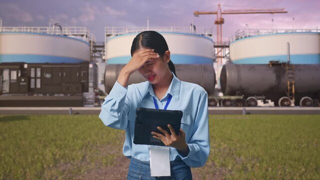 Asian Female With Her Tablet at Oil Refinery with Large Fuel Tanks and Cargo Train, She Is Nodding Her Shead With Dissapionted